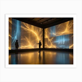 Two People Stand In Silhouette In Front Of A Massive Screen Displaying An Abstract, Glowing Image Art Print