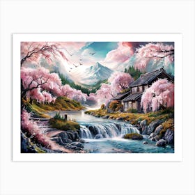 Mountain River and Cherry Blossom Art Painting #3 Art Print