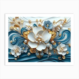 3d Artwork Illustration with White and Blue Backdrop, Embellished with Gold Jewelry Art Print