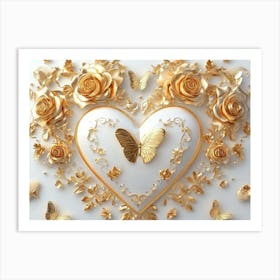 3d Golden Roses And Butterflies, 3d Butterflies On Heart With Gold Roses Art Print