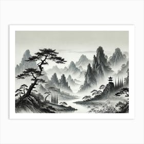 An Asian Mountain Landscape Depicted In The Traditional Chinese Ink Painting Art Print