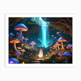 Woman Walking Through A Mystical Forest With Glowing Mushrooms And A Waterfall Art Print