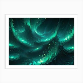 Surreal Abstract Landscape With Glowing Green Waves, Resembling A Fantastical Ocean Or Alien World Art Print