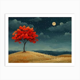 Red Tree On A Hill 2 Art Print