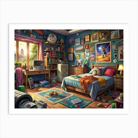 Messy Teenager S Bedroom With City View Art Print