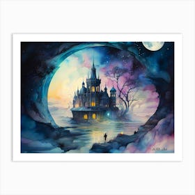 Watercolor Painting of a mystic Castle at a Lost Place by Night seen trough a hidden Portal Art Print