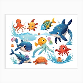 Cute Marine Animals Collection Art Print