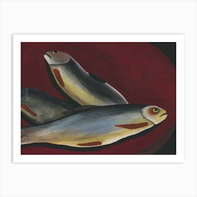 Three Fish In A Bowl painting modern contemporary figurative kitchen food artwork dark red Art Print