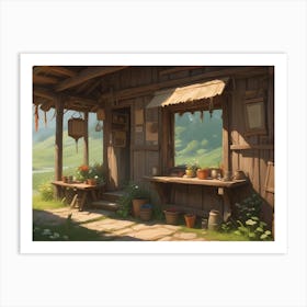 Illustration Of A Charming Little Shop With Wooden Siding, Nestled In A Mountainous Area And Offering Flowers And Other Rustic Items Art Print