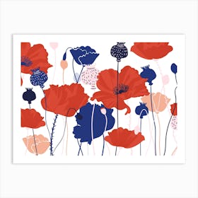 Red And Blue Summer Flowers Art Print