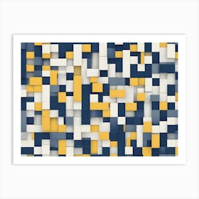 Abstract Image Of A Grid Of Squares In Shades Of Blue, White, And Yellow, Creating A 3d Effect Art Print