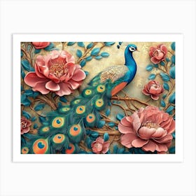 Leather Base Combines Bright Color Floral With Exotic Oriental Pattern Flowers And Peacocks Art Print