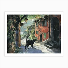 Black Cat In Como, Italy, Street Art Watercolour Painting 2 Art Print