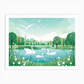 Illustration Of A Tranquil Park Scene In Winter Featuring Cygnets On A Siberian Mere Where Two Chil Art Print