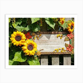 Closeup Of An Ornamental Wooden Signboard Propped Against A Rustic Fence Bright Yellow Sunflowers B (6) Art Print