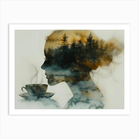 Silhouette Of A Woman Drinking Coffee Art Print