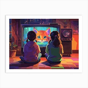 Two Girls Watching Tv - Retro art Art Print