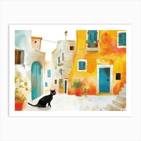 Black Cat In Puglia, Italy, Street Art Watercolour Painting 2 Art Print