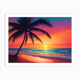 A Tranquil Beach At Sunset Horizontal Illustration 28 Art Print