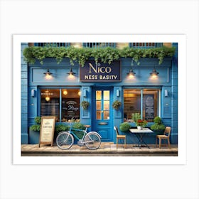 Blue Storefront With A Bicycle And Outdoor Seating Art Print