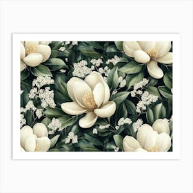 Magnolia Flowers Seamless Pattern, Luxury Floral Background Art Print