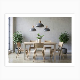 Modern Minimalist Dining Room With A Wooden Table, Chairs, And Grey Pendant Lights Art Print