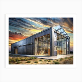 Modern Industrial Building With Glass Facade And Sunset Sky Art Print