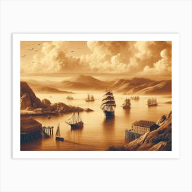 Vintage Sepia Prints Of Ocean With Ships 1 Art Print