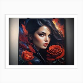 Woman With Red Roses Art Print