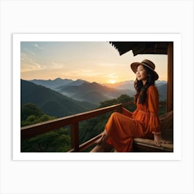 A Youthful Asian Woman Embodying Freedom Pleasure And Success Embarks On An Extreme Adventure P Art Print