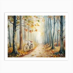 A Foggy Forest Trail Golden Leaves Falling Gentl Art Print