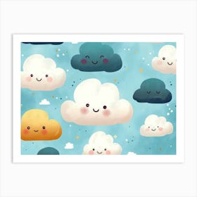 Seamless Cartoon Clouds Pattern, Textured Background Art Print