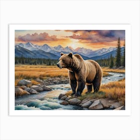 Prairie Dreams: A Tranquil Landscape Grizzly Bear Art Print