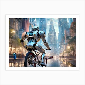 Robot Cycling Through The City Art Print