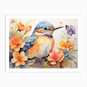 Elegant Kingfisher Watercolor Floral Art Print