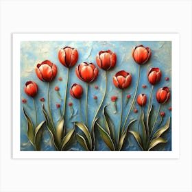 Painting Group Red Tulips Blue Background Are Arranged Tulip Flower Art Print