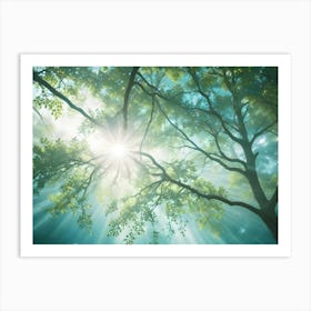 A Photograph Of A Lush Forest With A Sunbeam Shining Through The Leaves Art Print