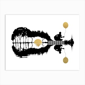 Black and White Guitar Sunset Sunrise 1 Art Print