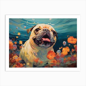 Pug Dog Swimming In The Sea Art Print