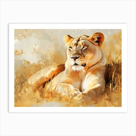 Lioness Resting In A Golden Savannah. Art Print