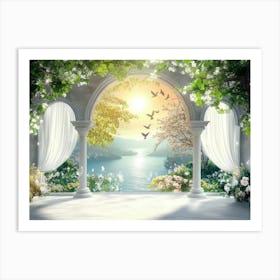 3d Beautiful View of Landscape Background from the Old Arches, Tree, Sun, Water, Birds Art Print