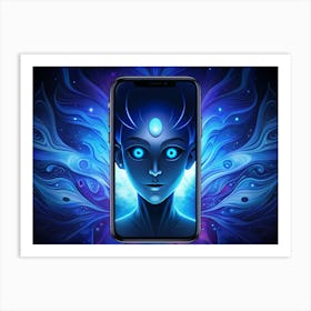 Woman S Face On A Smartphone Screen With A Blue And Purple Background Art Print