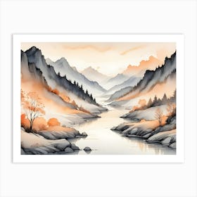 Watercolor Painting Of A Serene Mountain Valley With A River Winding Through It Art Print