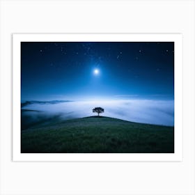 Cinematic Photograph Capturing A Solitary Tree Perched Atop A Plateau In The Center Of A Meadow Und Art Print