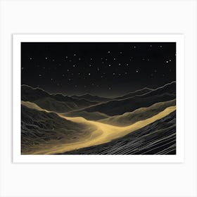 Stylized Black And Gold Mountain Landscape, With A Line Art Design, A Starry Sky And A Pathway Leading Through The Center Art Print