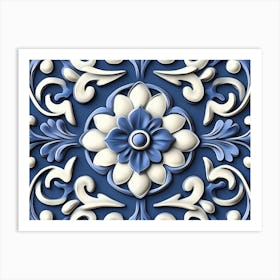 3d Sculpture Retro Pattern Blue Spiral Curve Cross Dot Line Frame Plant Flower Art Print