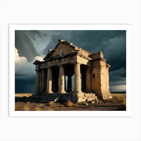 A Photograph Of An Ancient, Ruined Temple With Columns, Standing Alone In A Field Of Dry Grass, Under A Dramatic, Stormy Sky Art Print