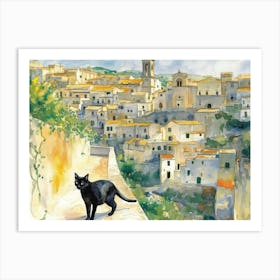 Black Cat In Matera, Italy, Street Art Watercolour Painting 1 Art Print