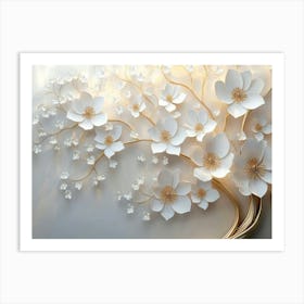 Background Of A Flowery Tree In 3d With White Flowers And Golden Stems 2 Art Print