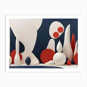 Modern And Minimalist 3d Rendering Of Geometric Shapes In White, Red, And Blue On A Blue And White Background Art Print